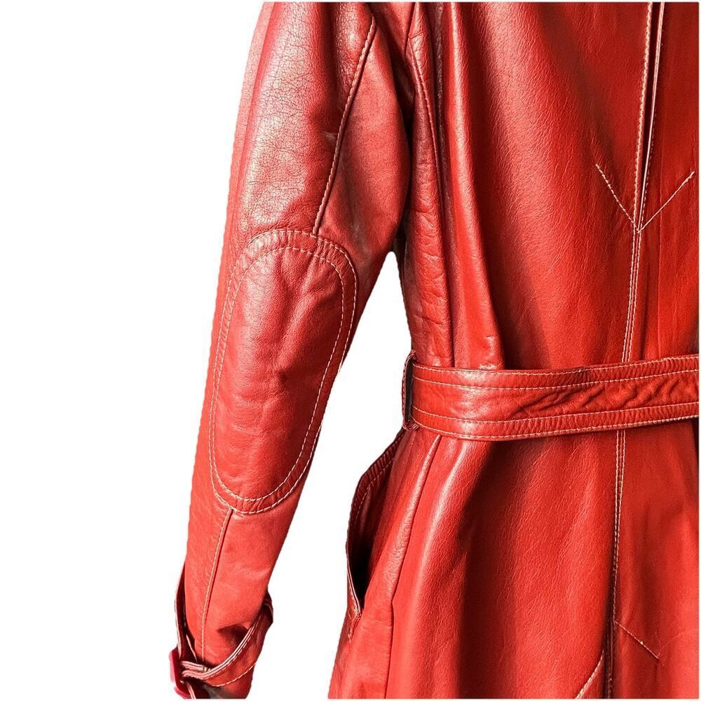 VTG 70s Sears JR Bazaar Leather Trench Coat Women's 7 Rust Red Retro Chic Disco - Picture 11 of 16
